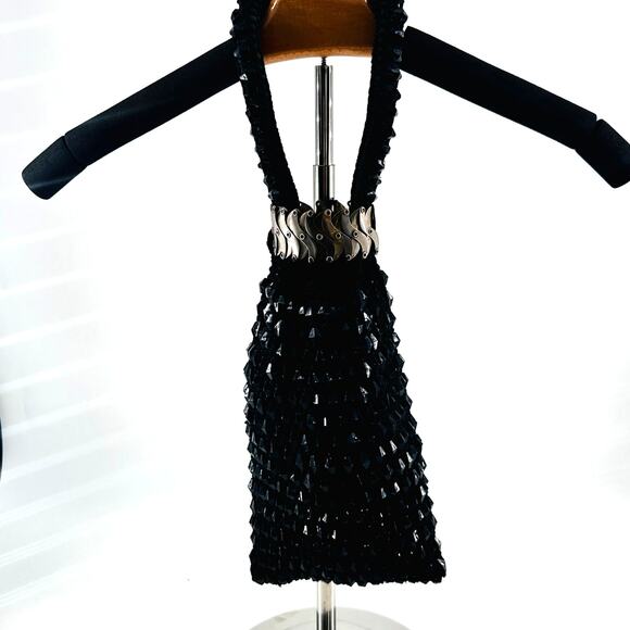 Vintage Black Beaded Evening Purse with Bike Chain Strap Accent Y2K Goth - Picture 2 of 9